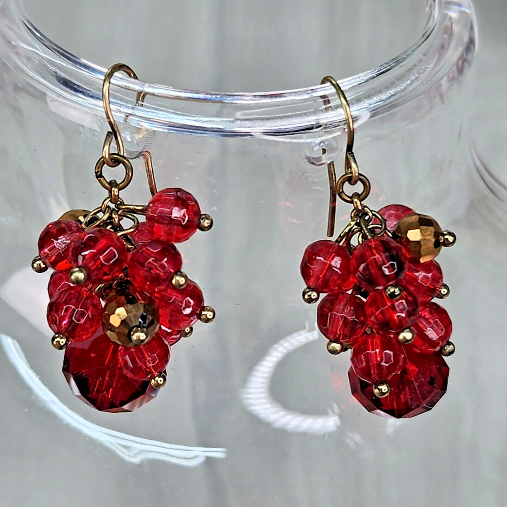 Red Gold Tone Beaded Cluster Earrings 1.5" Dangle Drop Costume Jewelry